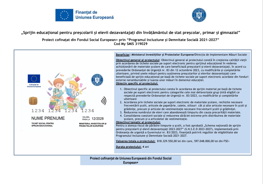 Anunt proiect „Sprijin educațional pentru preșcolarii și elevii dezavantajați din învățământul de stat preșcolar, primar și gimnazial”